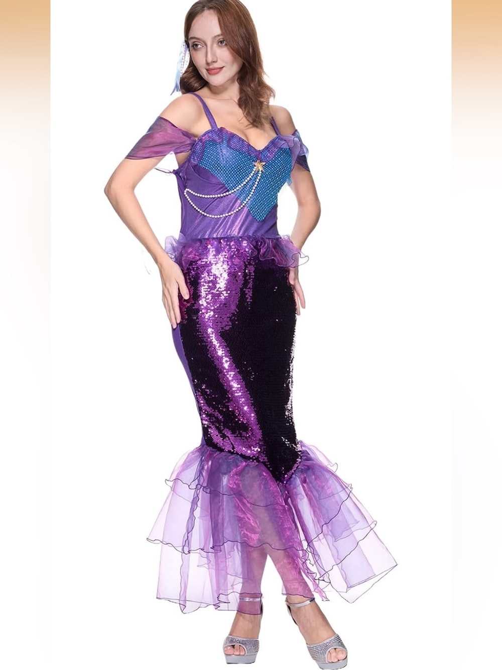 NWOT Purple Sequin Mermaid Costume OffShoulder Halloween Outfit size large